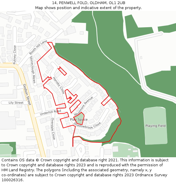 14, PENWELL FOLD, OLDHAM, OL1 2UB: Location map and indicative extent of plot