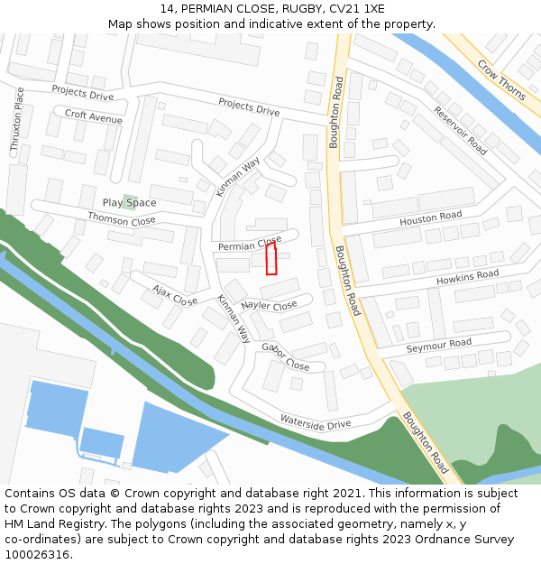 14, PERMIAN CLOSE, RUGBY, CV21 1XE: Location map and indicative extent of plot