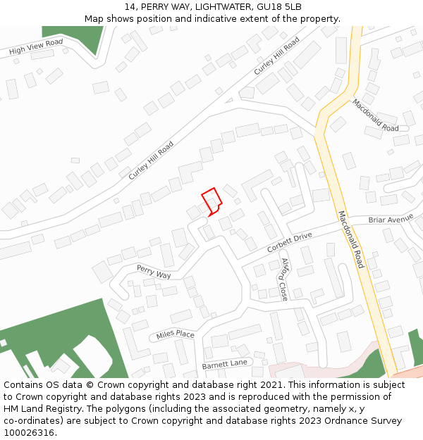 14, PERRY WAY, LIGHTWATER, GU18 5LB: Location map and indicative extent of plot