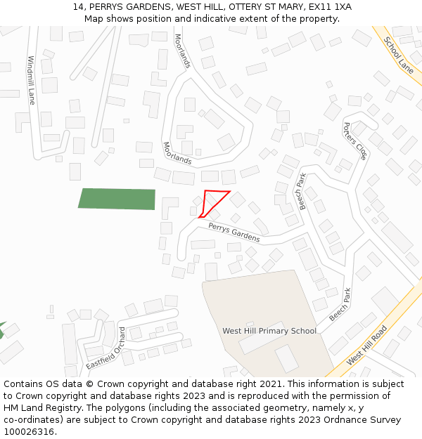 14, PERRYS GARDENS, WEST HILL, OTTERY ST MARY, EX11 1XA: Location map and indicative extent of plot