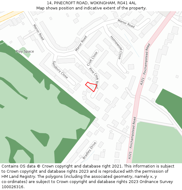 14, PINECROFT ROAD, WOKINGHAM, RG41 4AL: Location map and indicative extent of plot