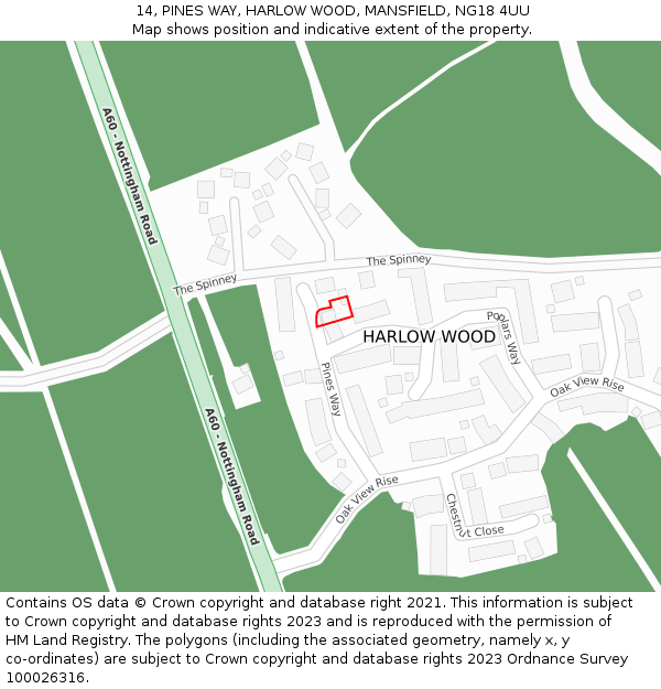 14, PINES WAY, HARLOW WOOD, MANSFIELD, NG18 4UU: Location map and indicative extent of plot