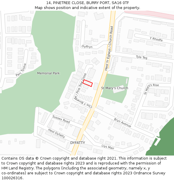 14, PINETREE CLOSE, BURRY PORT, SA16 0TF: Location map and indicative extent of plot