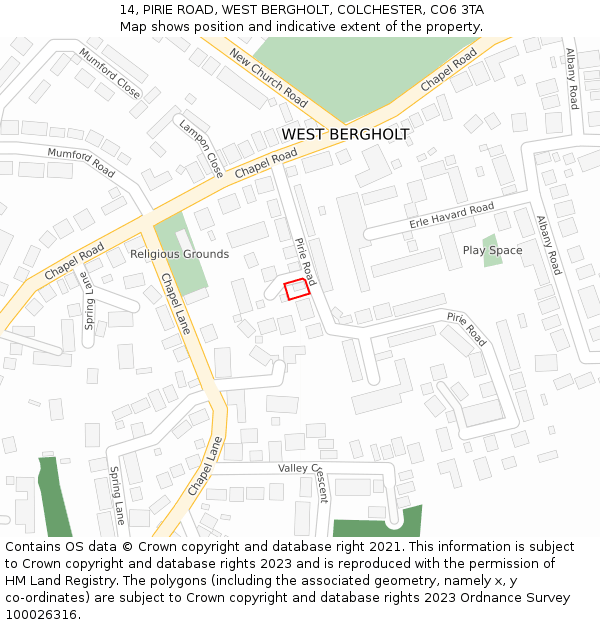 14, PIRIE ROAD, WEST BERGHOLT, COLCHESTER, CO6 3TA: Location map and indicative extent of plot