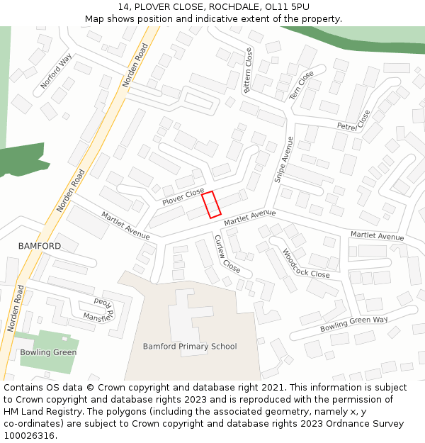 14, PLOVER CLOSE, ROCHDALE, OL11 5PU: Location map and indicative extent of plot