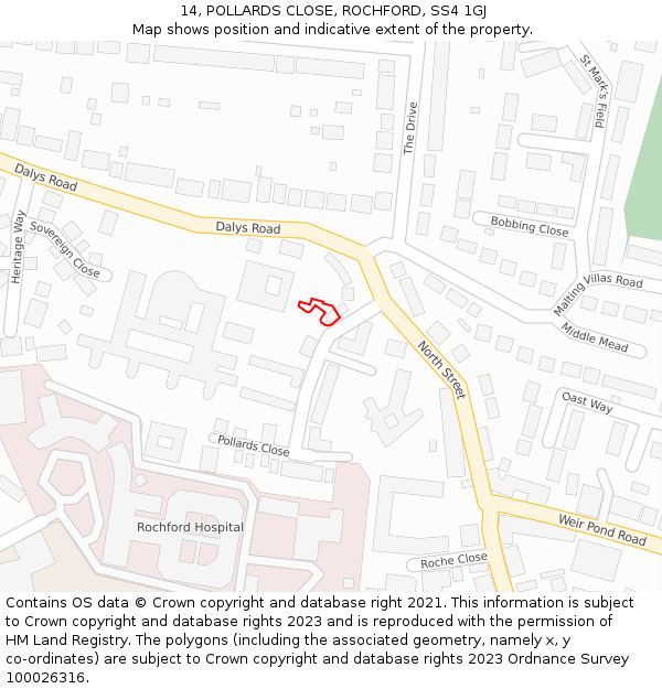 14, POLLARDS CLOSE, ROCHFORD, SS4 1GJ: Location map and indicative extent of plot