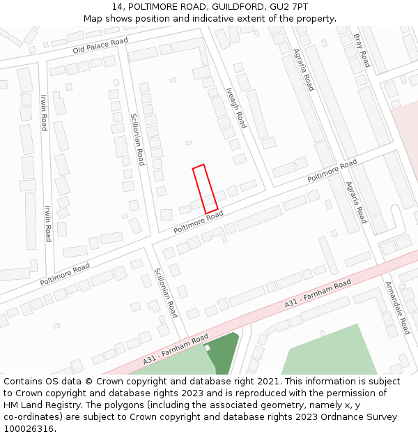 14, POLTIMORE ROAD, GUILDFORD, GU2 7PT: Location map and indicative extent of plot