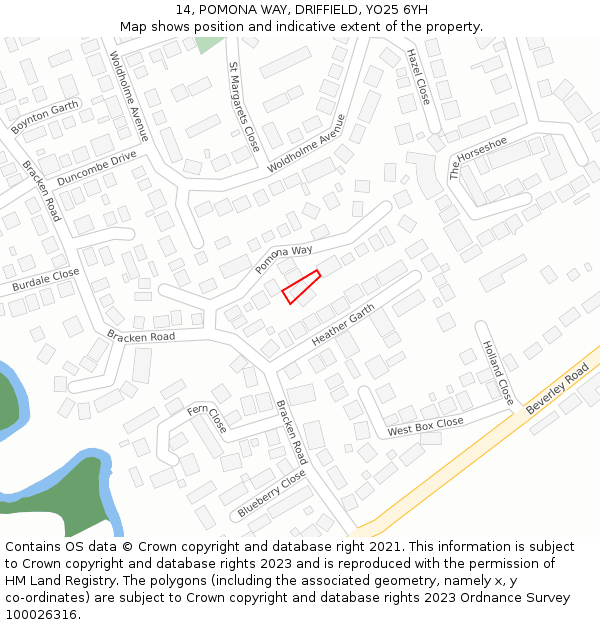 14, POMONA WAY, DRIFFIELD, YO25 6YH: Location map and indicative extent of plot