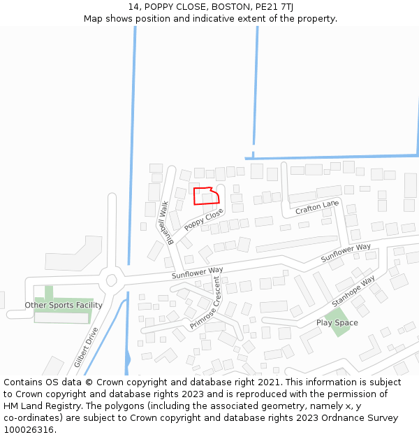 14, POPPY CLOSE, BOSTON, PE21 7TJ: Location map and indicative extent of plot