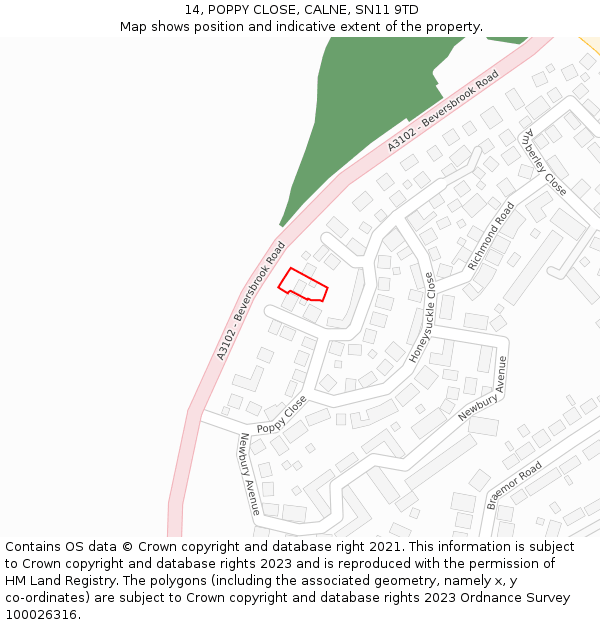 14, POPPY CLOSE, CALNE, SN11 9TD: Location map and indicative extent of plot