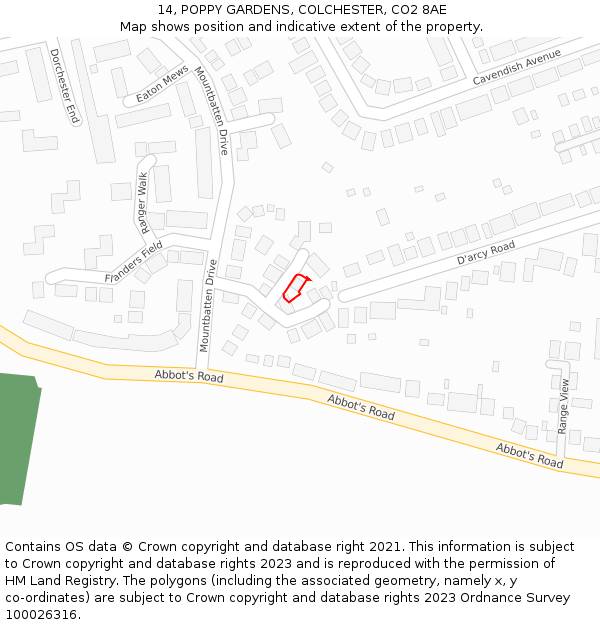 14, POPPY GARDENS, COLCHESTER, CO2 8AE: Location map and indicative extent of plot