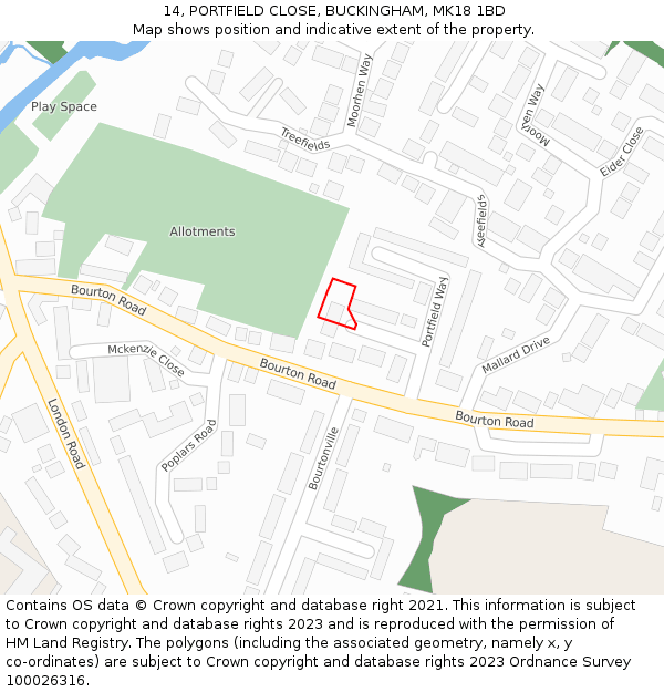 14, PORTFIELD CLOSE, BUCKINGHAM, MK18 1BD: Location map and indicative extent of plot