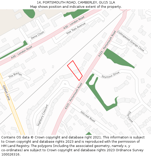 14, PORTSMOUTH ROAD, CAMBERLEY, GU15 1LA: Location map and indicative extent of plot