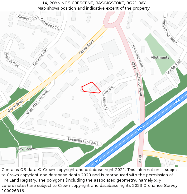 14, POYNINGS CRESCENT, BASINGSTOKE, RG21 3AY: Location map and indicative extent of plot