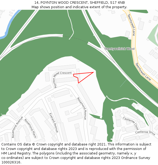 14, POYNTON WOOD CRESCENT, SHEFFIELD, S17 4NB: Location map and indicative extent of plot