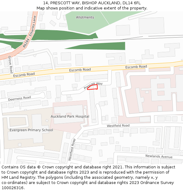 14, PRESCOTT WAY, BISHOP AUCKLAND, DL14 6FL: Location map and indicative extent of plot