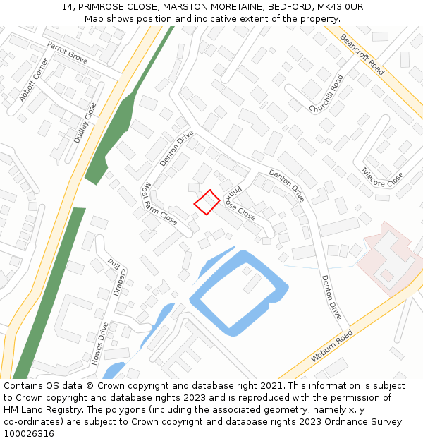 14, PRIMROSE CLOSE, MARSTON MORETAINE, BEDFORD, MK43 0UR: Location map and indicative extent of plot