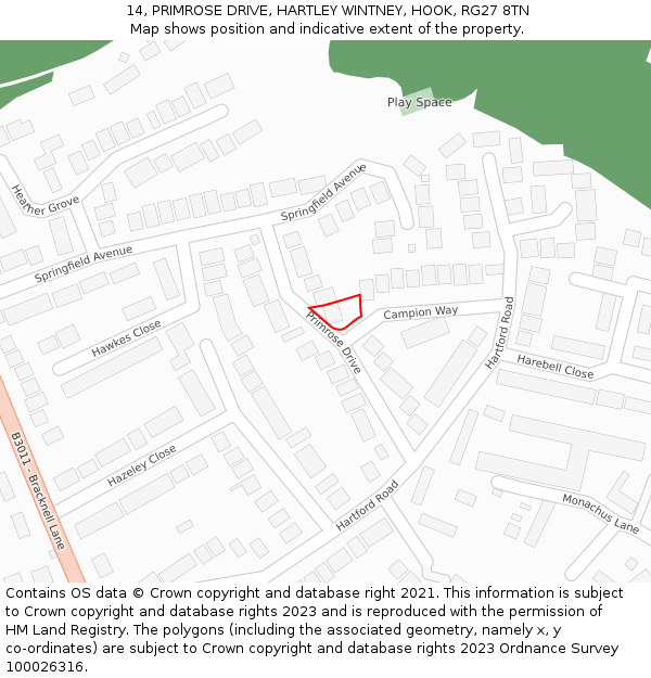 14, PRIMROSE DRIVE, HARTLEY WINTNEY, HOOK, RG27 8TN: Location map and indicative extent of plot