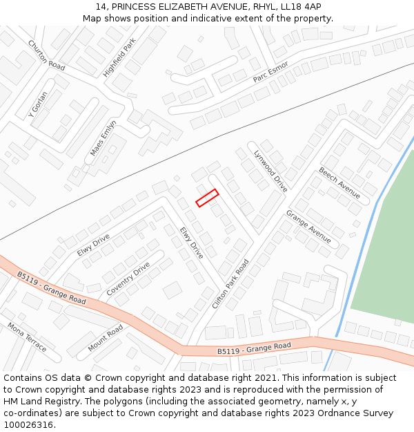 14, PRINCESS ELIZABETH AVENUE, RHYL, LL18 4AP: Location map and indicative extent of plot