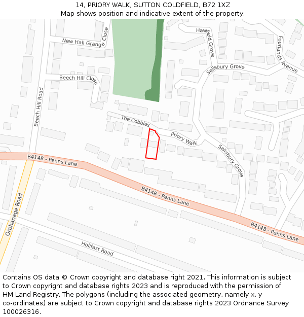 14, PRIORY WALK, SUTTON COLDFIELD, B72 1XZ: Location map and indicative extent of plot