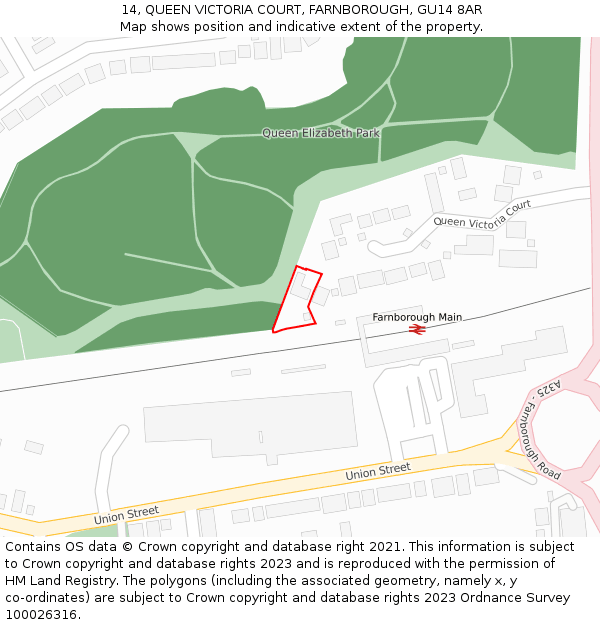 14, QUEEN VICTORIA COURT, FARNBOROUGH, GU14 8AR: Location map and indicative extent of plot