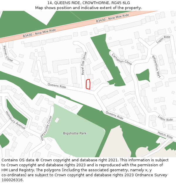 14, QUEENS RIDE, CROWTHORNE, RG45 6LG: Location map and indicative extent of plot