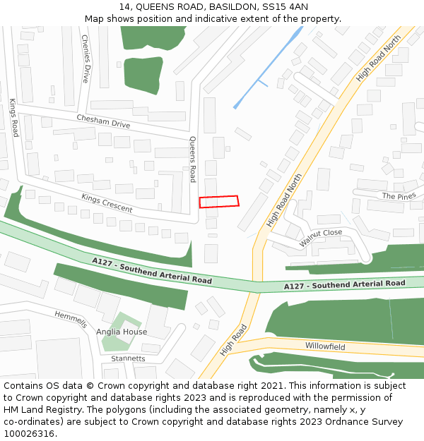 14, QUEENS ROAD, BASILDON, SS15 4AN: Location map and indicative extent of plot