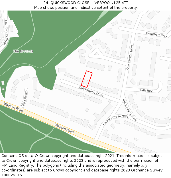 14, QUICKSWOOD CLOSE, LIVERPOOL, L25 4TT: Location map and indicative extent of plot