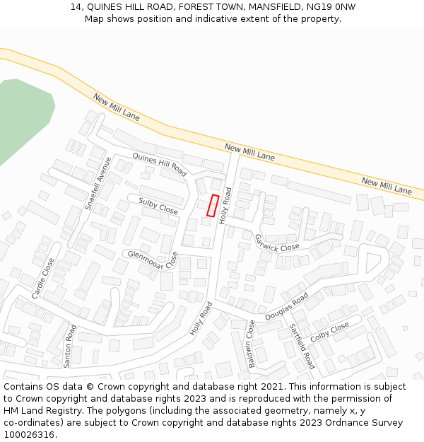 14, QUINES HILL ROAD, FOREST TOWN, MANSFIELD, NG19 0NW: Location map and indicative extent of plot