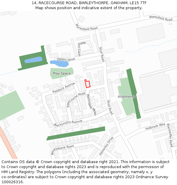 14, RACECOURSE ROAD, BARLEYTHORPE, OAKHAM, LE15 7TF: Location map and indicative extent of plot