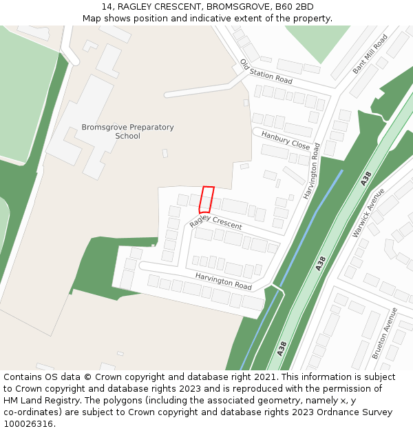 14, RAGLEY CRESCENT, BROMSGROVE, B60 2BD: Location map and indicative extent of plot