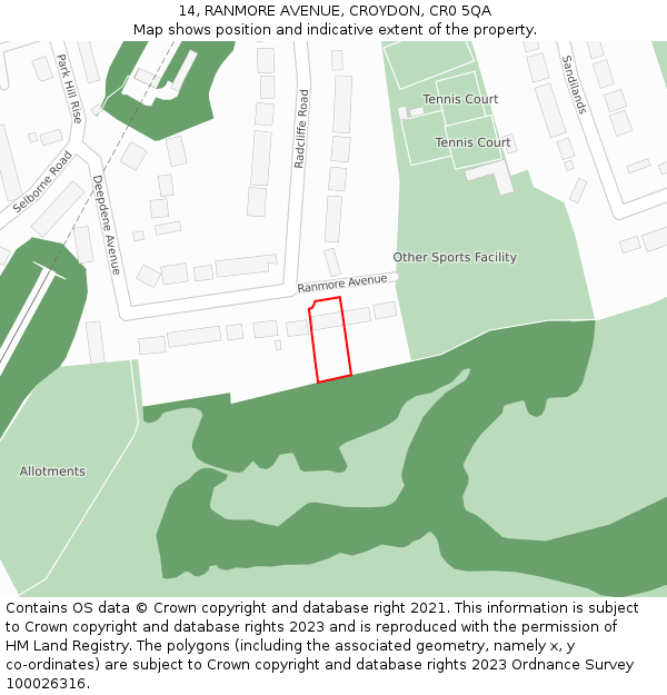 14, RANMORE AVENUE, CROYDON, CR0 5QA: Location map and indicative extent of plot