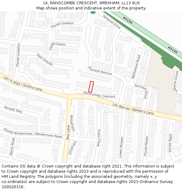 14, RANSCOMBE CRESCENT, WREXHAM, LL13 9UX: Location map and indicative extent of plot