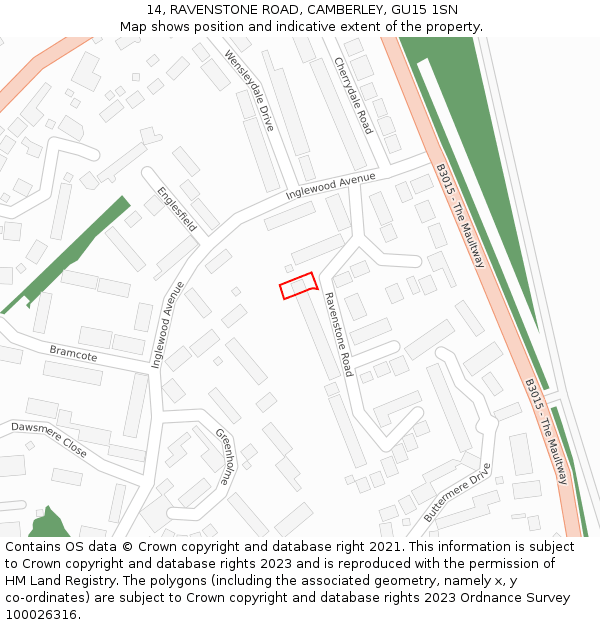 14, RAVENSTONE ROAD, CAMBERLEY, GU15 1SN: Location map and indicative extent of plot