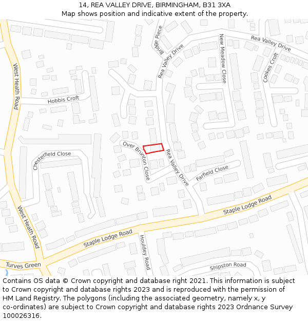 14, REA VALLEY DRIVE, BIRMINGHAM, B31 3XA: Location map and indicative extent of plot