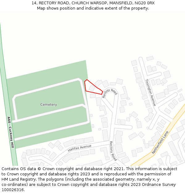 14, RECTORY ROAD, CHURCH WARSOP, MANSFIELD, NG20 0RX: Location map and indicative extent of plot