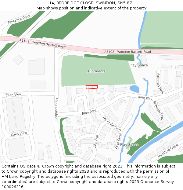 14, REDBRIDGE CLOSE, SWINDON, SN5 8ZL: Location map and indicative extent of plot