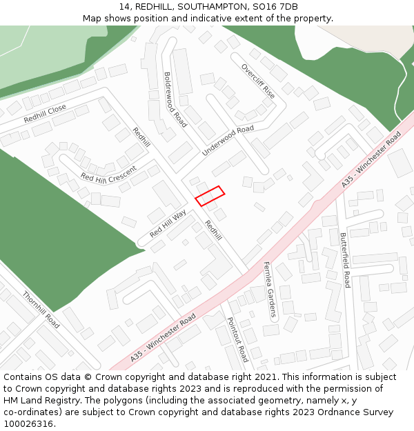 14, REDHILL, SOUTHAMPTON, SO16 7DB: Location map and indicative extent of plot