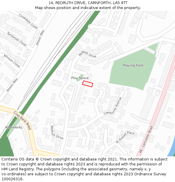 14, REDRUTH DRIVE, CARNFORTH, LA5 9TT: Location map and indicative extent of plot