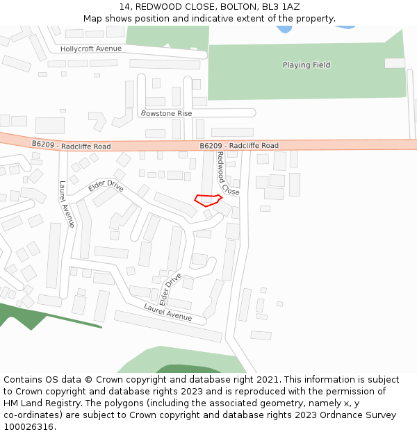 14, REDWOOD CLOSE, BOLTON, BL3 1AZ: Location map and indicative extent of plot