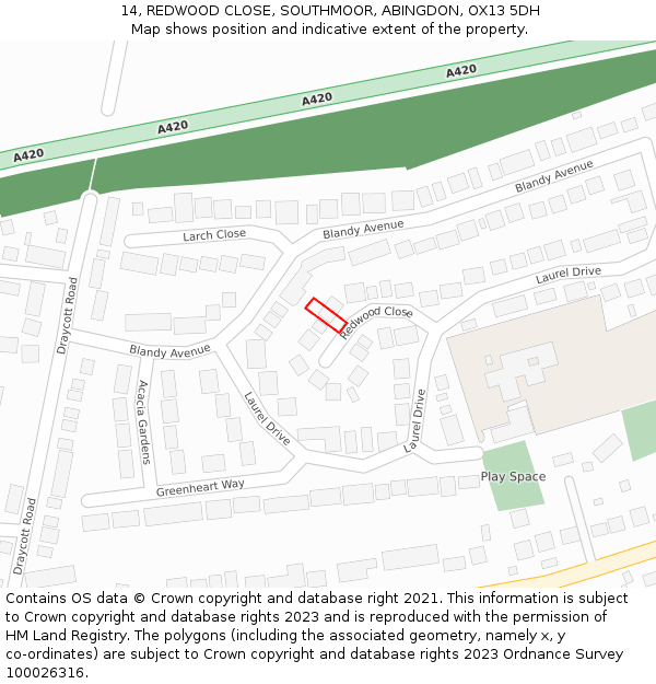 14, REDWOOD CLOSE, SOUTHMOOR, ABINGDON, OX13 5DH: Location map and indicative extent of plot