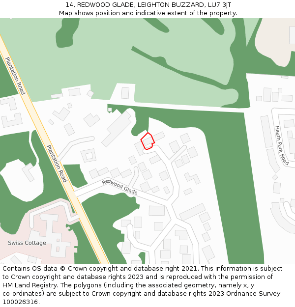 14, REDWOOD GLADE, LEIGHTON BUZZARD, LU7 3JT: Location map and indicative extent of plot