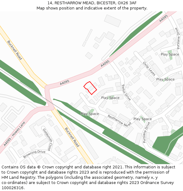 14, RESTHARROW MEAD, BICESTER, OX26 3AF: Location map and indicative extent of plot