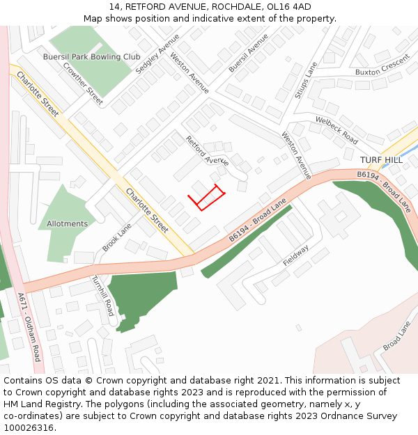 14, RETFORD AVENUE, ROCHDALE, OL16 4AD: Location map and indicative extent of plot