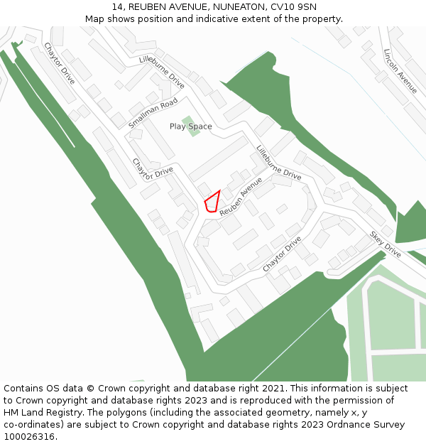 14, REUBEN AVENUE, NUNEATON, CV10 9SN: Location map and indicative extent of plot