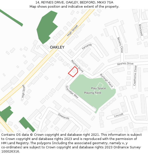 14, REYNES DRIVE, OAKLEY, BEDFORD, MK43 7SA: Location map and indicative extent of plot