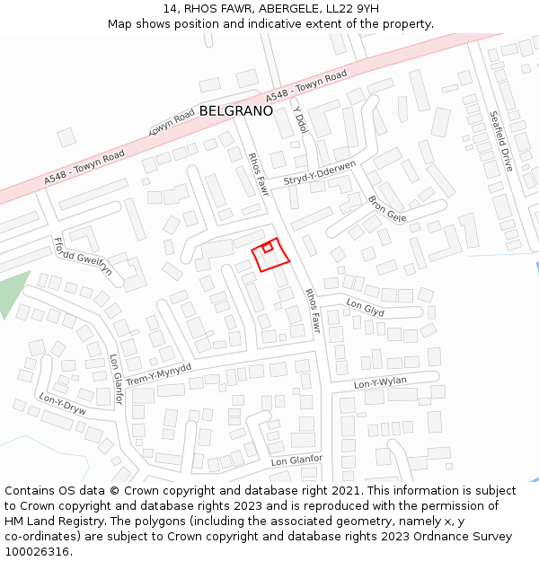14, RHOS FAWR, ABERGELE, LL22 9YH: Location map and indicative extent of plot