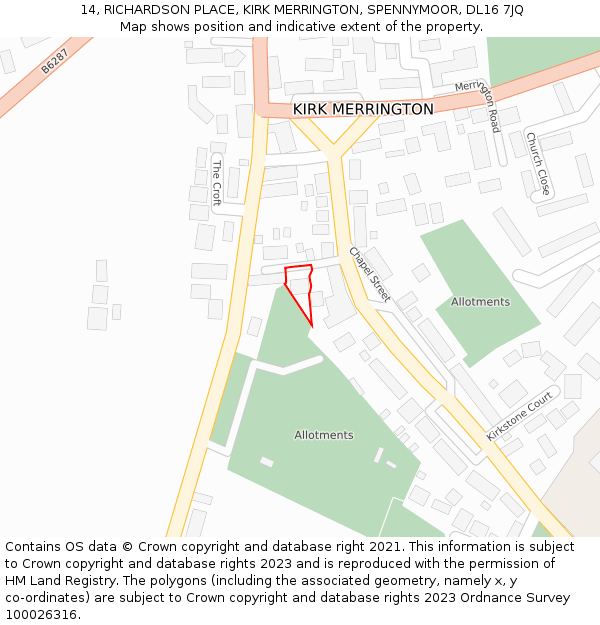 14, RICHARDSON PLACE, KIRK MERRINGTON, SPENNYMOOR, DL16 7JQ: Location map and indicative extent of plot