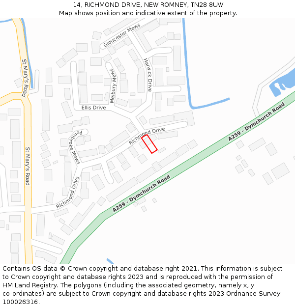 14, RICHMOND DRIVE, NEW ROMNEY, TN28 8UW: Location map and indicative extent of plot