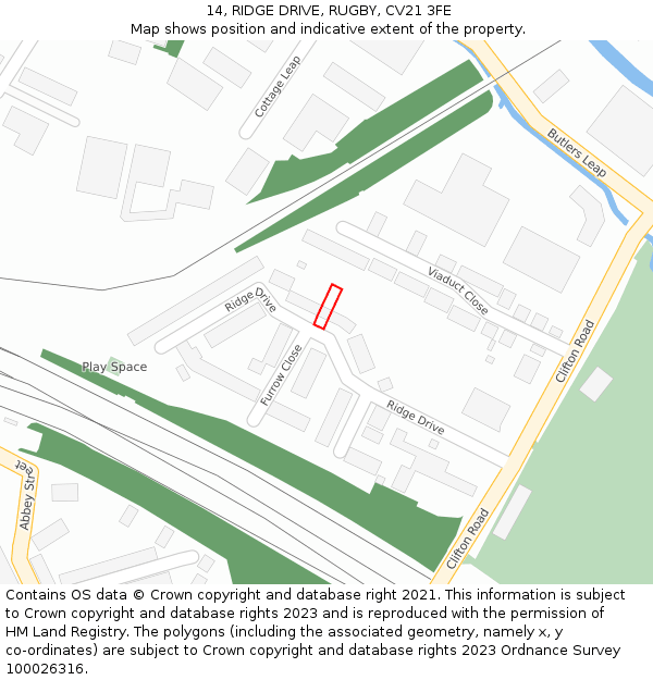 14, RIDGE DRIVE, RUGBY, CV21 3FE: Location map and indicative extent of plot